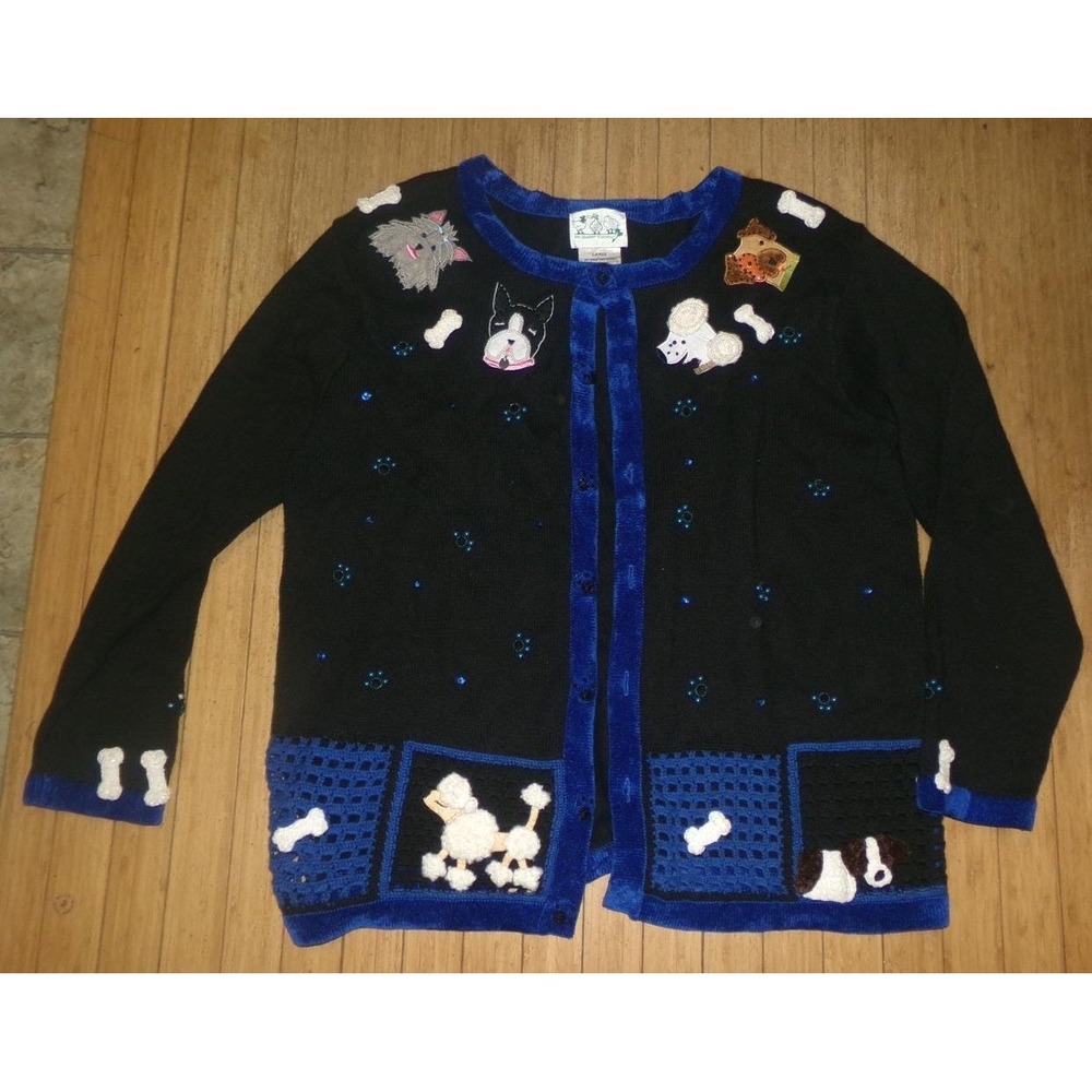 Quacker Factory Womens Large Black Dog Theme Cardigan Sweater Poodle Blue Trim